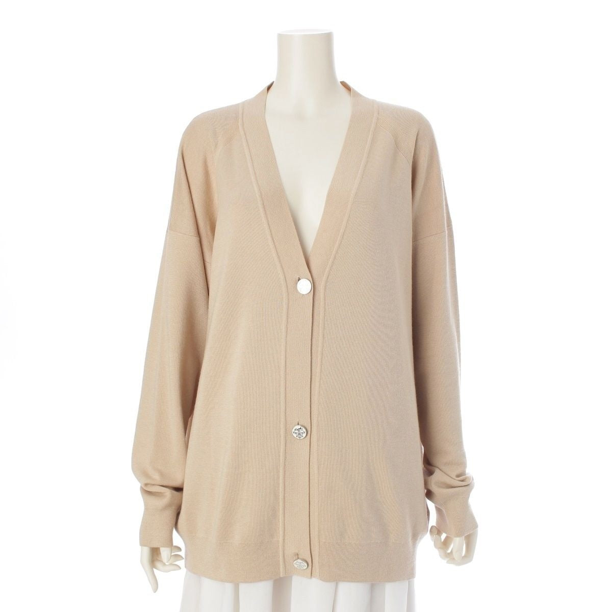 Hermes Cashmere Silk Enamel Button Knit Cardigan Top Beige 40