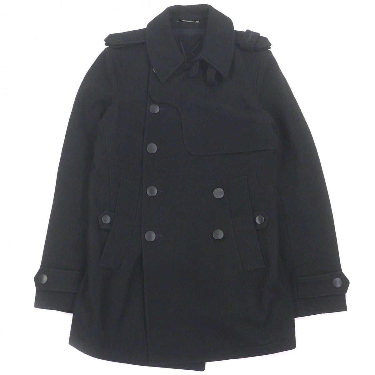 Saint Laurent Yves Wool Cassandra Logo Double Breasted Coat Black 44