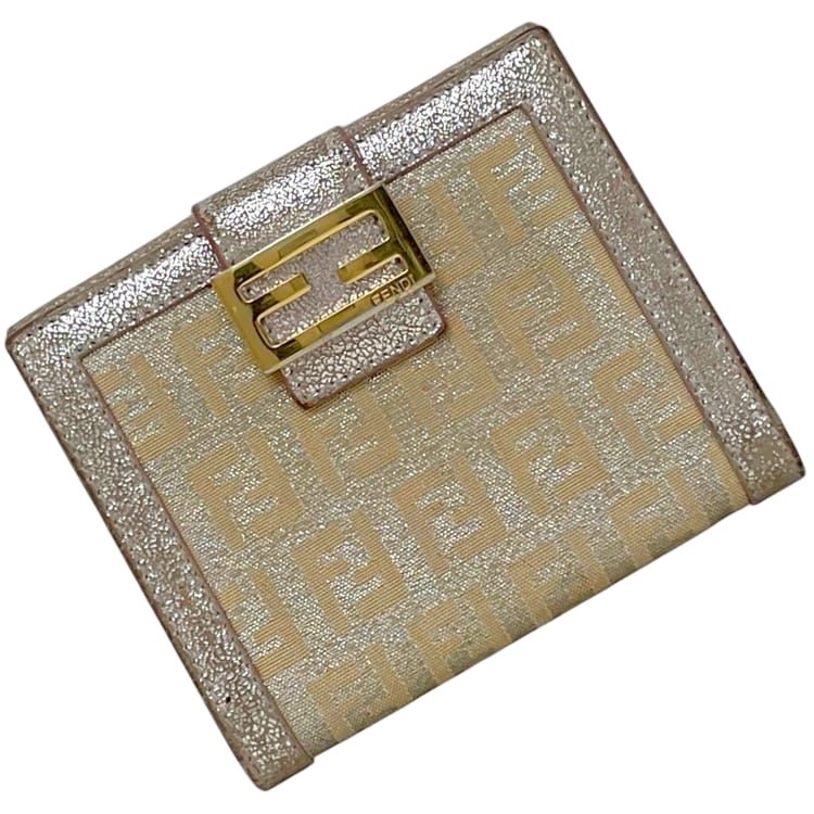 Fendi Bifold Wallet Zucchino FF Canvas Leather Beige Lame Metallic Pink