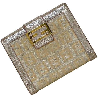 Fendi Bifold Wallet Zucchino FF Canvas Leather Beige Lame Metallic Pink