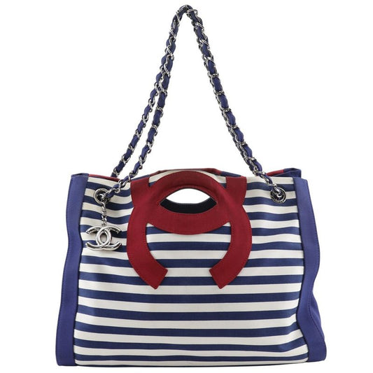 Chanel Chain Tote Cruise Line Striped A47944 Cotton And Nylon Navy Blue Ladies
