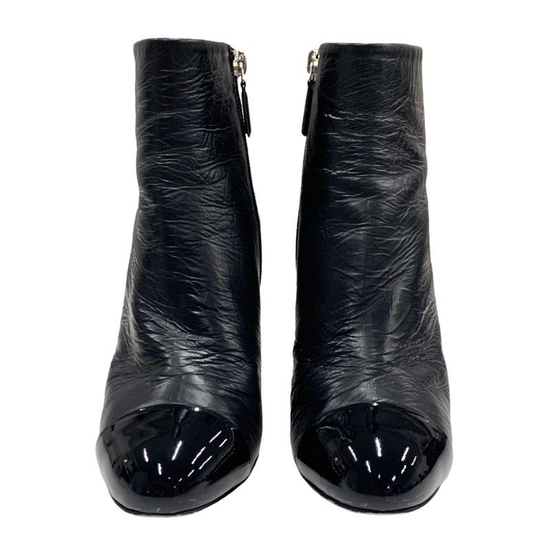 Chanel Boots Short Boots Shoes Leather Patent Black Silver Here Mark Chain