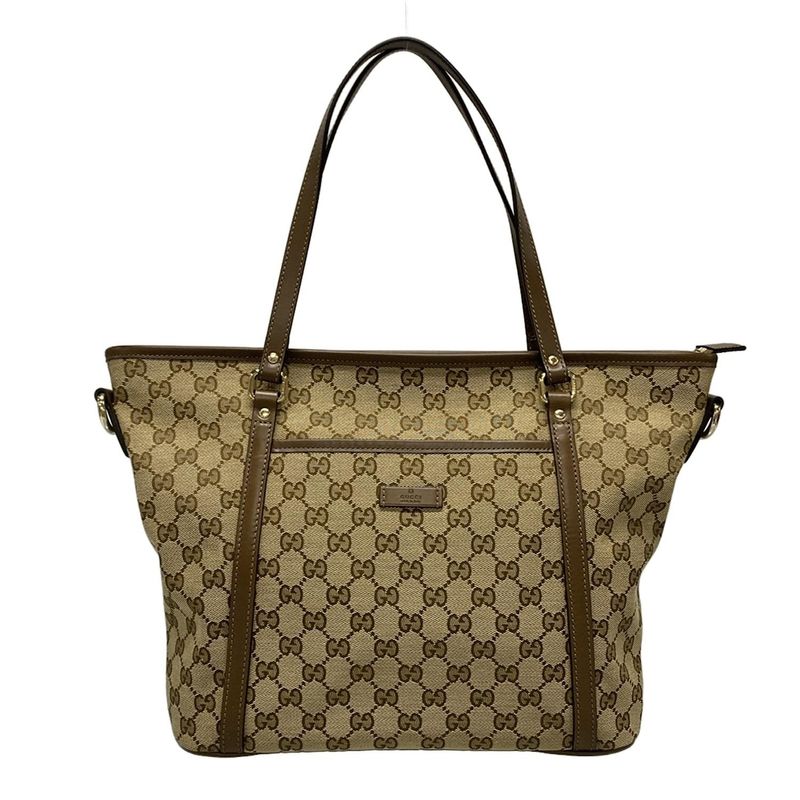Gucci Tote Bag GG Pattern 388929 Beige And Dark Brown Leather