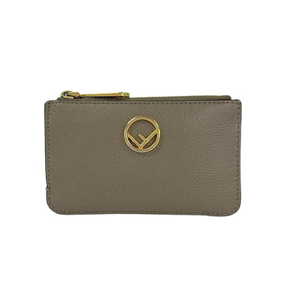 Fendi Card Case F's Beige with Key Ring Leather