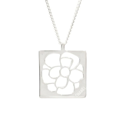 Chanel Polished Camellia Square Plate Necklace Silver