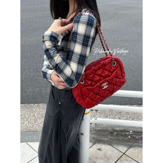 Chanel CC Logo Bubble Quilt Chain Shoulder Bag Red Lambskin Vintage