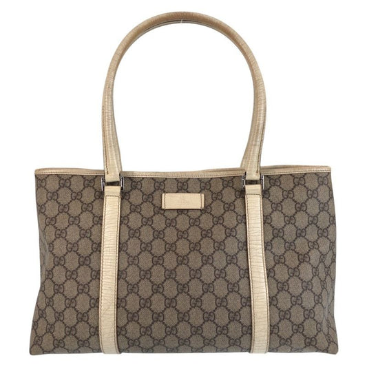 Gucci Beige White GG Canvas Leather Tote Bag