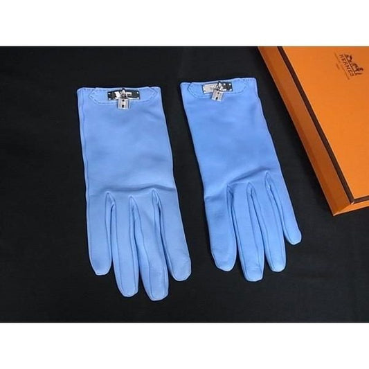 Hermes Kelly Leather Silver Cadena Gloves Light Blue