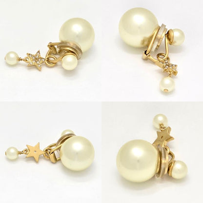 DIOR Tribales Clip Earrings Binaural Star Clover Charm White Resin Pearl White
