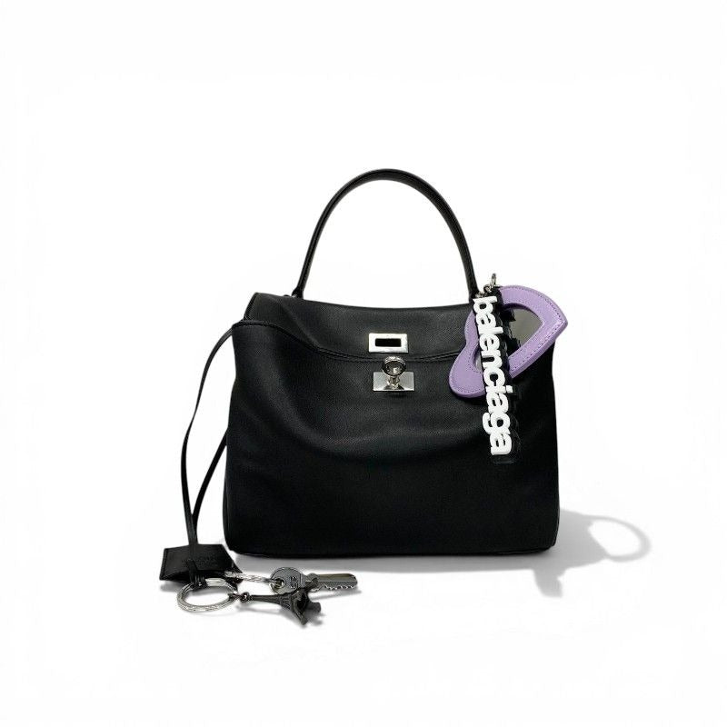Balenciaga Handbag Black Silver Small Distressed Smooth Scarf Skin Charm 2-Way