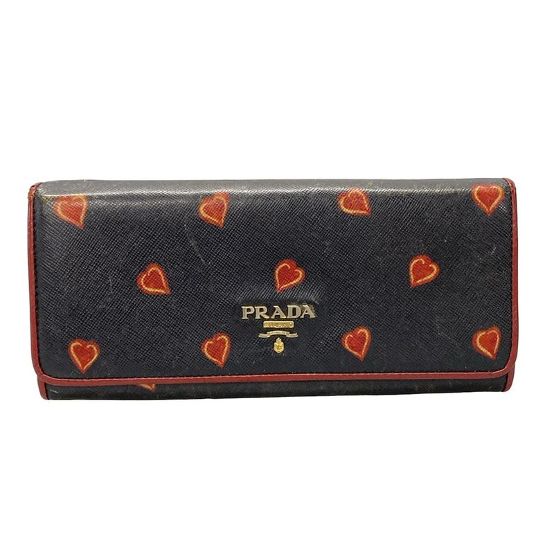 Prada Long Wallet - Black And Red Heart Leather
