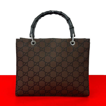 Gucci Bamboo GG Pattern Nylon Leather Mini Tote Boston Bag Brown