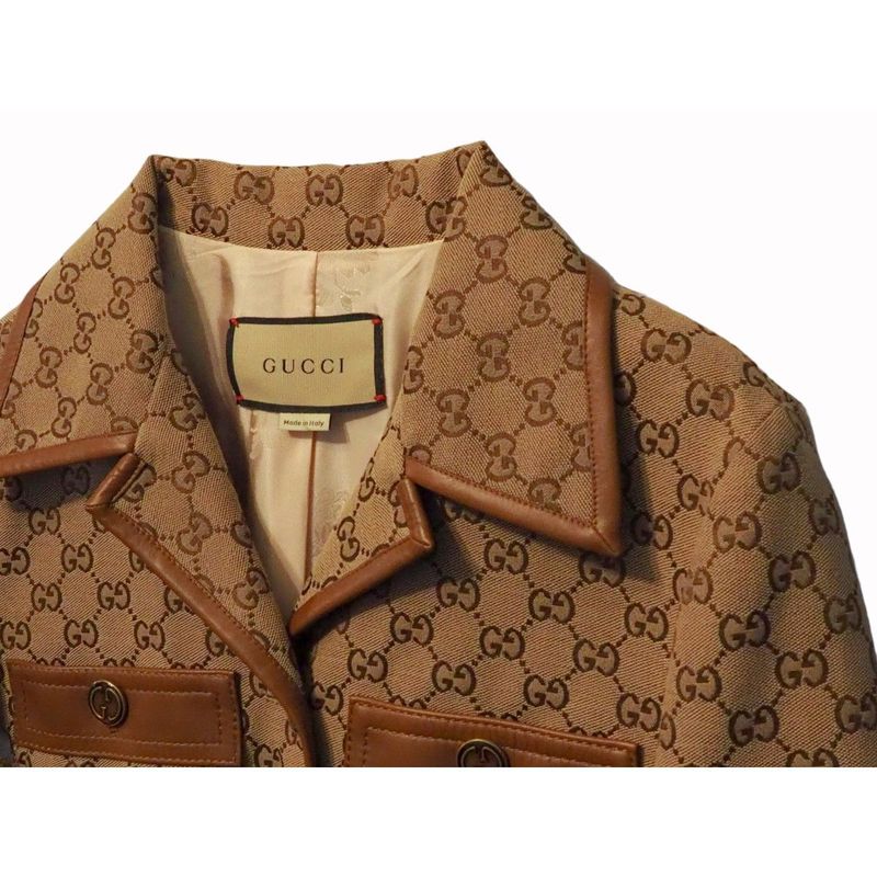 Gucci GG Canvas Jacket Web Stripe with Belt Women's Outerwear Leather Trim