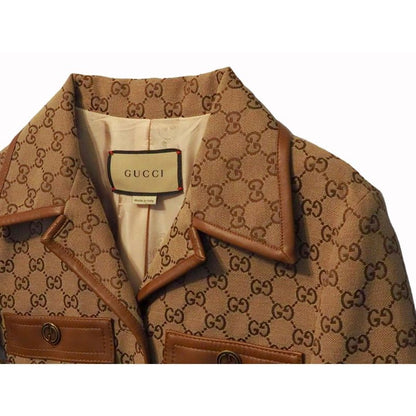 Gucci GG Canvas Jacket Web Stripe with Belt Women's Outerwear Leather Trim