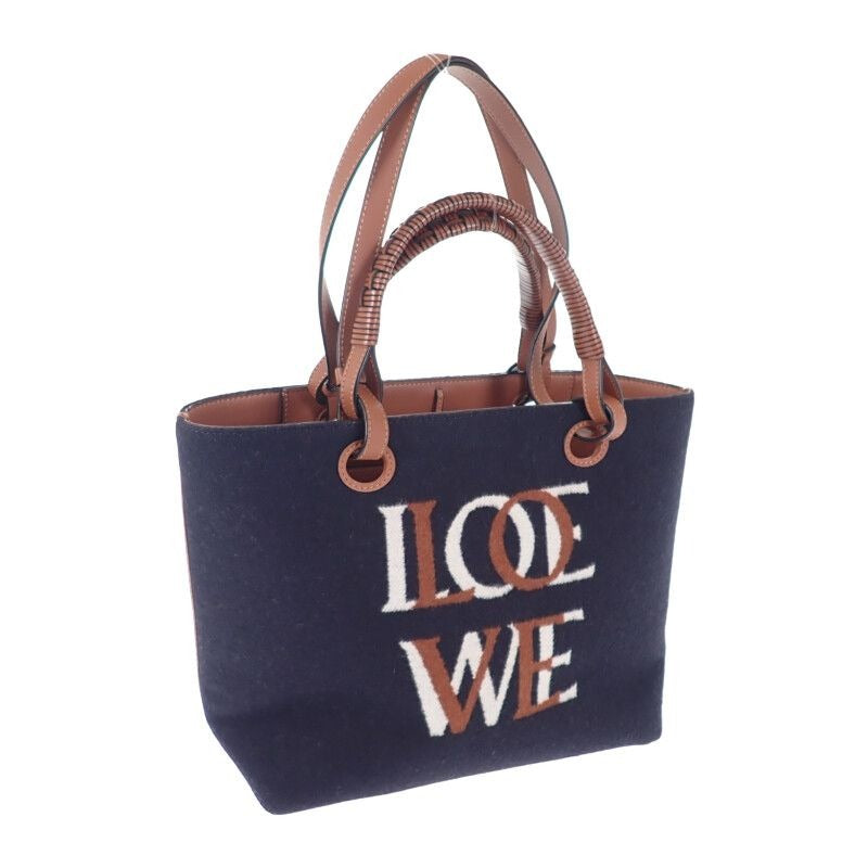 Loewe Logo Tote Small 2-Way Bag Wool Leather Navy Brown