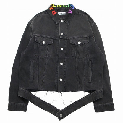 Balenciaga Rainbow Logo Embroidery Denim Jacket Distressed