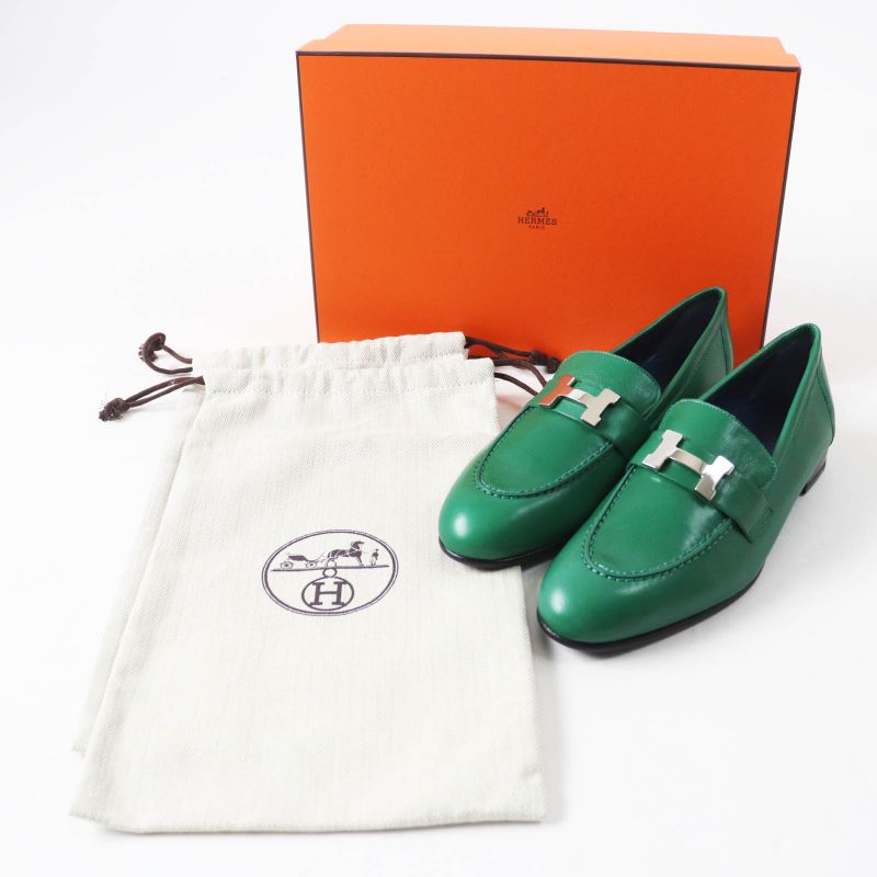 Hermes Moccasins Paris Constance Silver Hardware Leather Loafers Green 37 With