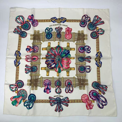 Hermes Scarf Carre 90 LES Rubans DU Cheval Horse Ribbon Silk White
