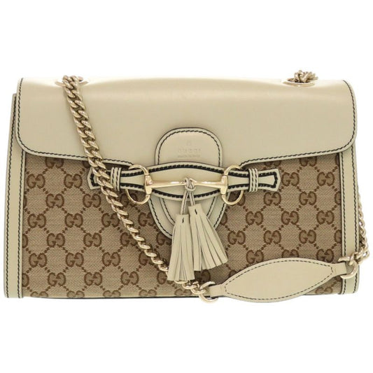 Gucci Emily Horsebit GG Canvas Leather White Shoulder Bag 0526