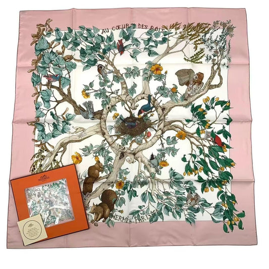Hermes Carre 90 Scarf AU Coeur Des Bois in the Forest 100% Silk Pink Box