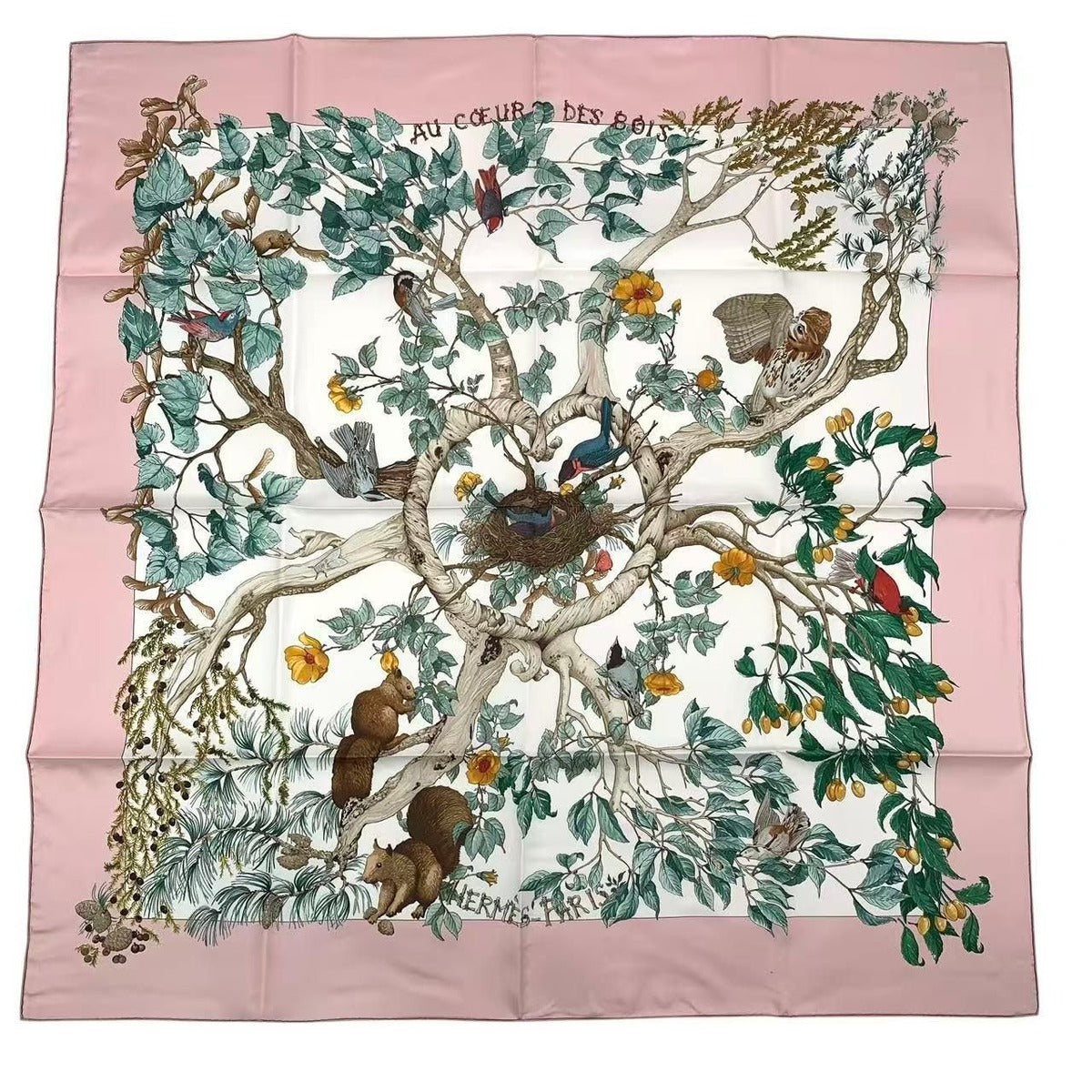 Hermes Carre 90 Scarf AU Coeur Des Bois in the Forest 100% Silk Pink Box — view 2
