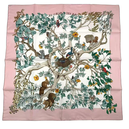 Hermes Carre 90 Scarf AU Coeur Des Bois in the Forest 100% Silk Pink Box — view 2