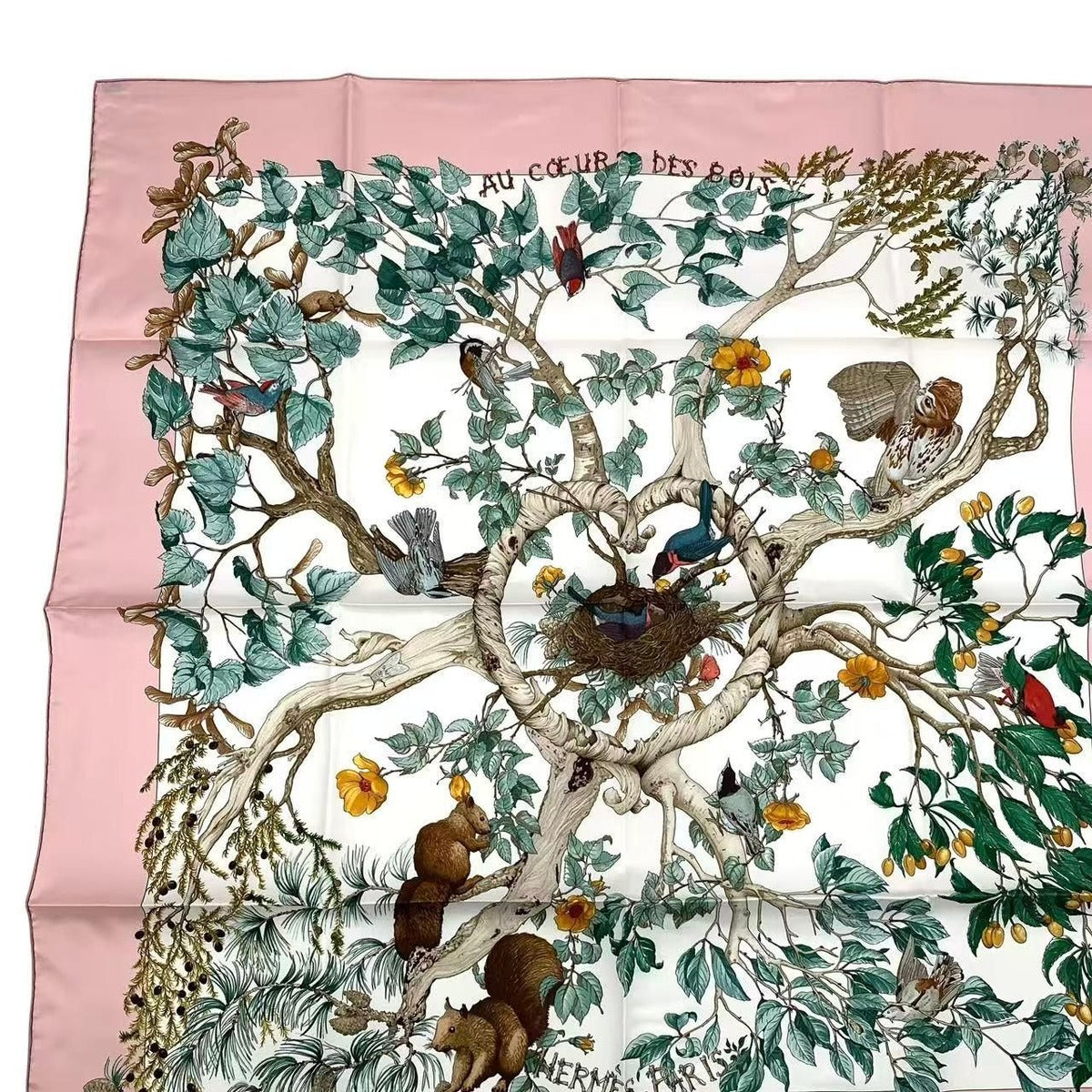 Hermes Carre 90 Scarf AU Coeur Des Bois in the Forest 100% Silk Pink Box — view 3