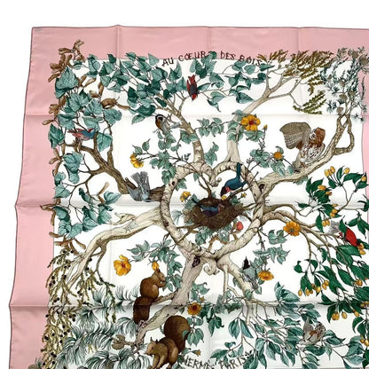 Hermes Carre 90 Scarf AU Coeur Des Bois in the Forest 100% Silk Pink Box — view 3