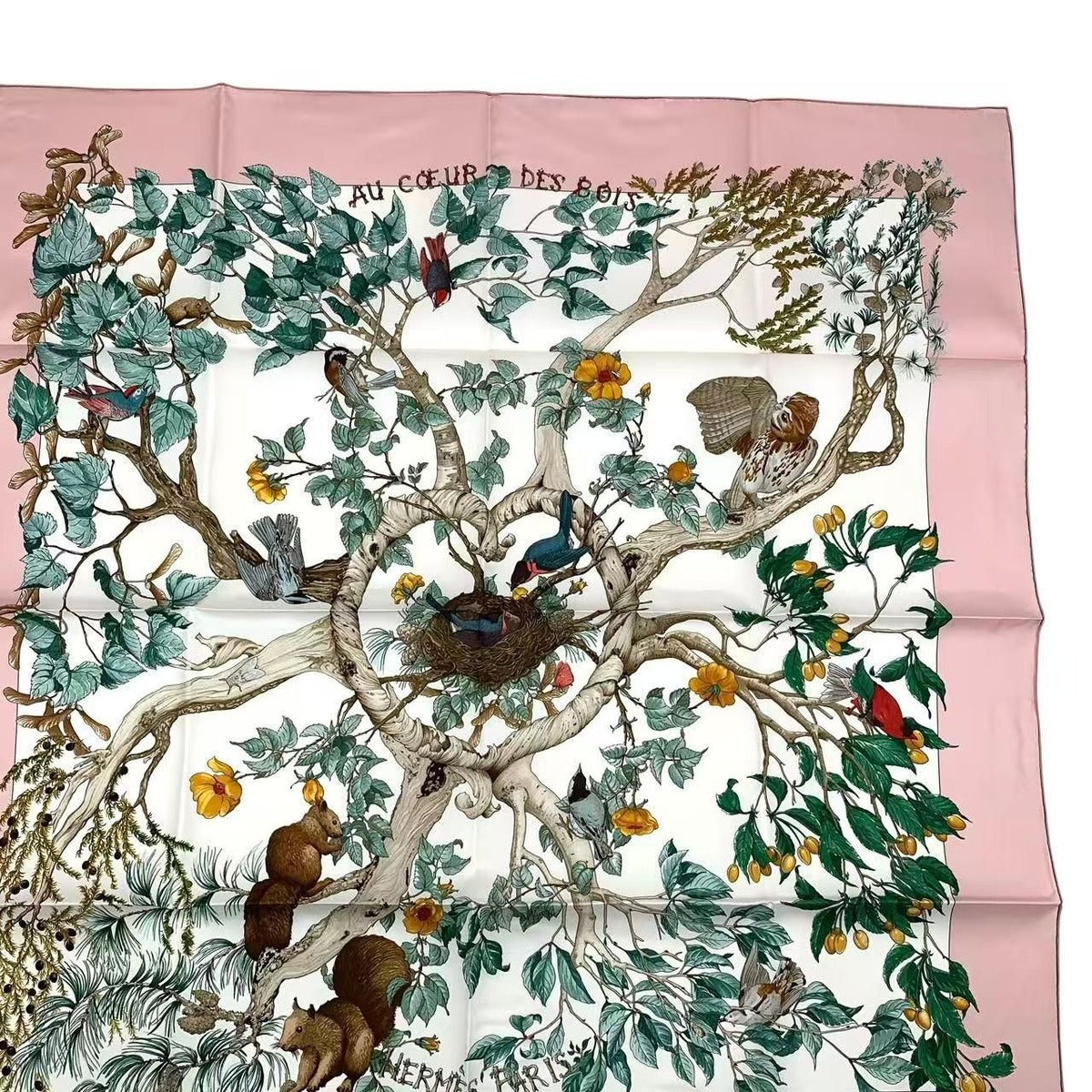 Hermes Carre 90 Scarf AU Coeur Des Bois in the Forest 100% Silk Pink Box — view 4