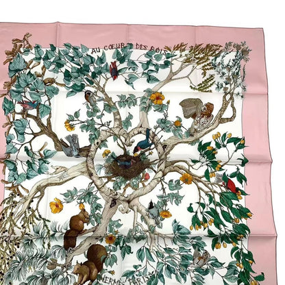 Hermes Carre 90 Scarf AU Coeur Des Bois in the Forest 100% Silk Pink Box — view 4