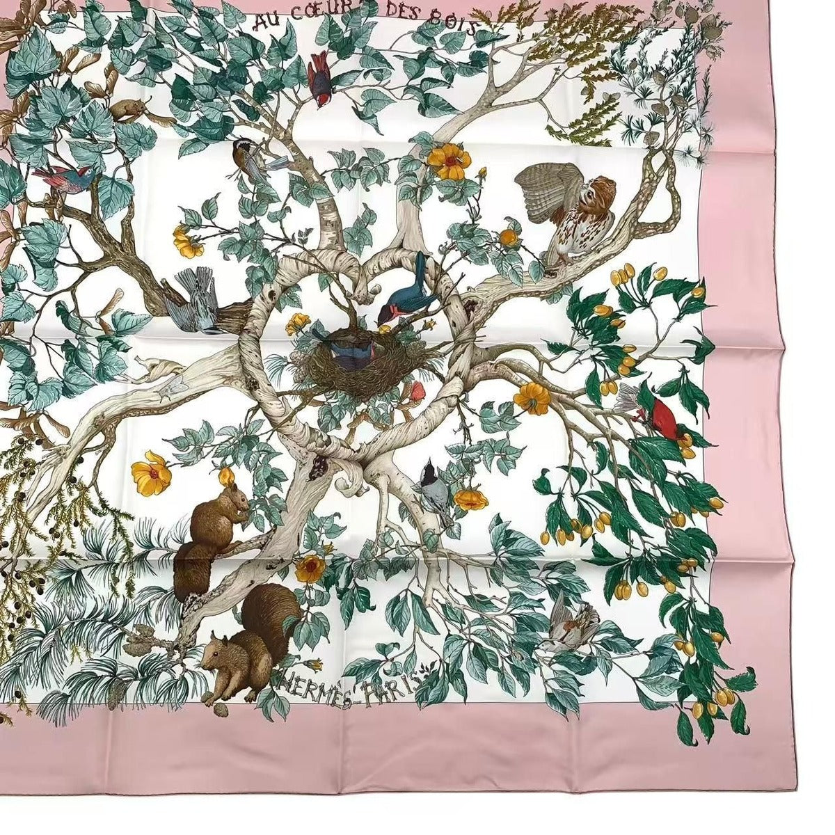 Hermes Carre 90 Scarf AU Coeur Des Bois in the Forest 100% Silk Pink Box — view 6