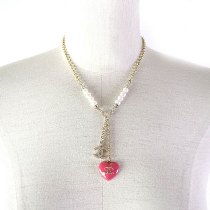 CHANEL C23P Coco Mark Heart Pearl Rhinestone Choker Pendant Necklace Accessory