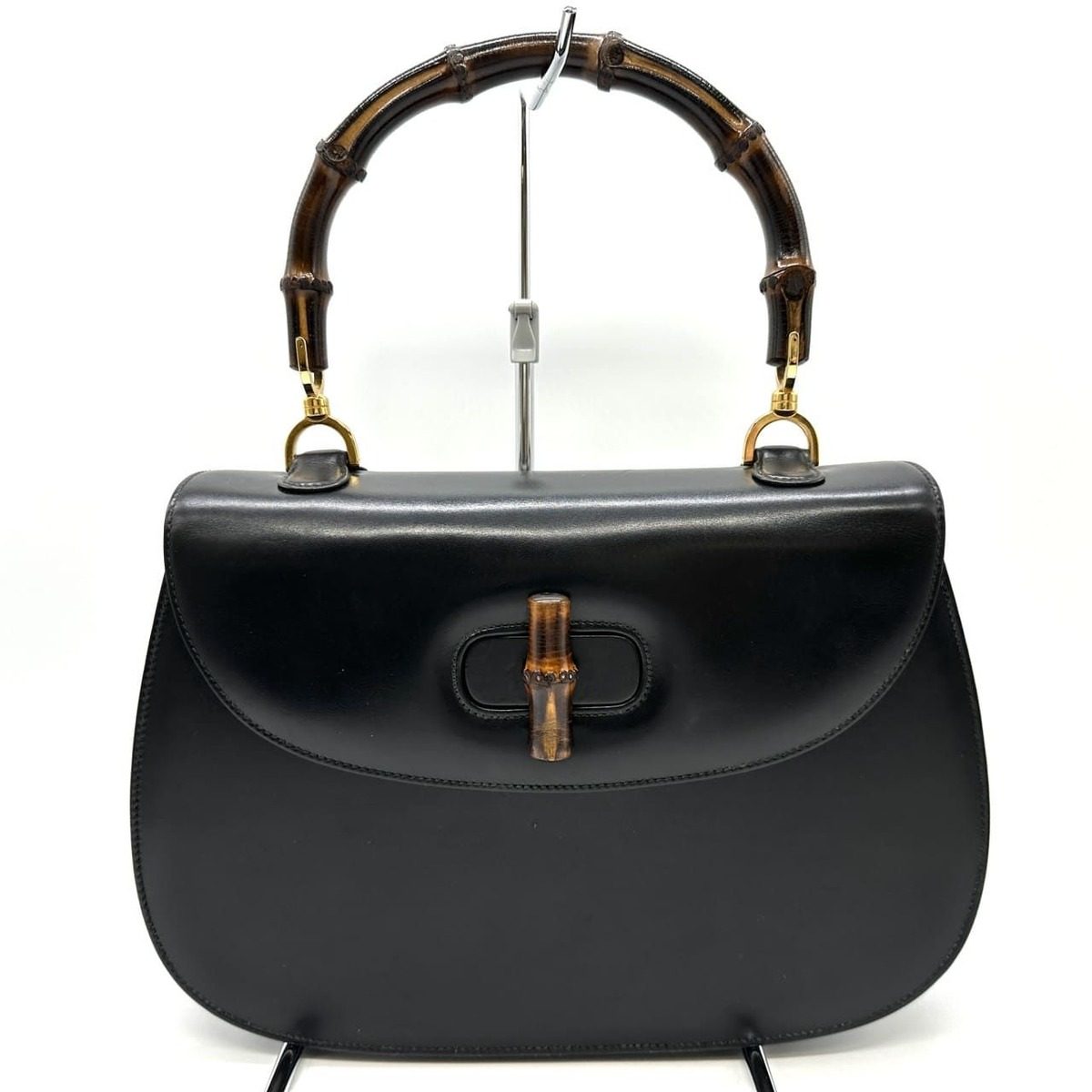 Gucci 000 46 Bamboo Handbag Leather Black Vintage