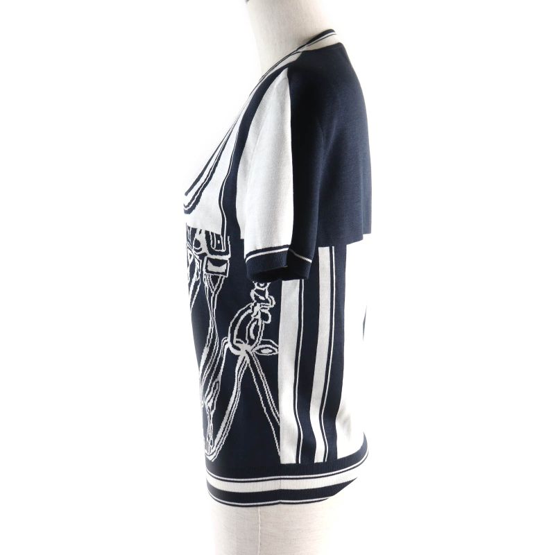 Hermes 24 Year None Order Silk Knit Jacquard Short Sleeve Knit Navy White 38