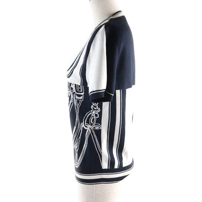 Hermes 24 Year None Order Silk Knit Jacquard Short Sleeve Knit Navy White 38