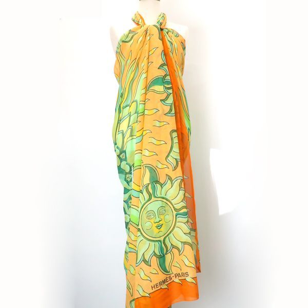 Hermes Pareo Sun Motif 100% Cotton Orange Large Shawl With Box Hermes
