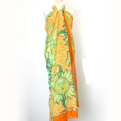 Hermes Pareo Sun Motif 100% Cotton Orange Large Shawl With Box Hermes
