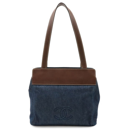 Chanel CC Logo Tote Shoulder Bag Denim Leather Blue Dark Brown