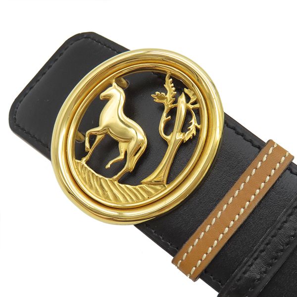 Hermes Belt Horse Buckle Box Calf Vogue River Black and Gold Hardware Reversible