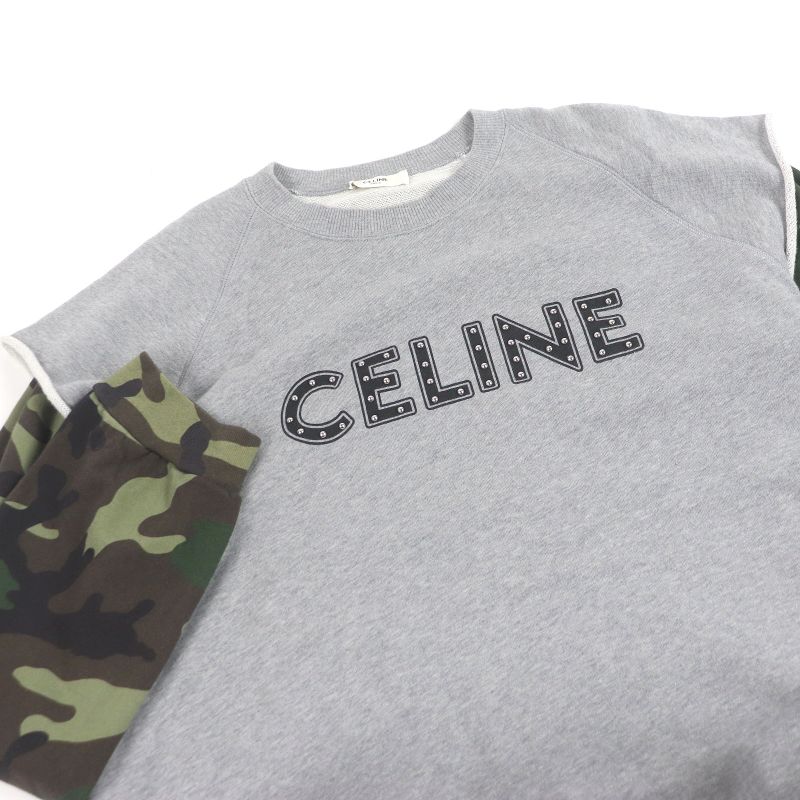 Celine 2y340052h Sleeve Chamois Pattern Studded Docking Design Sweatshirt Grey