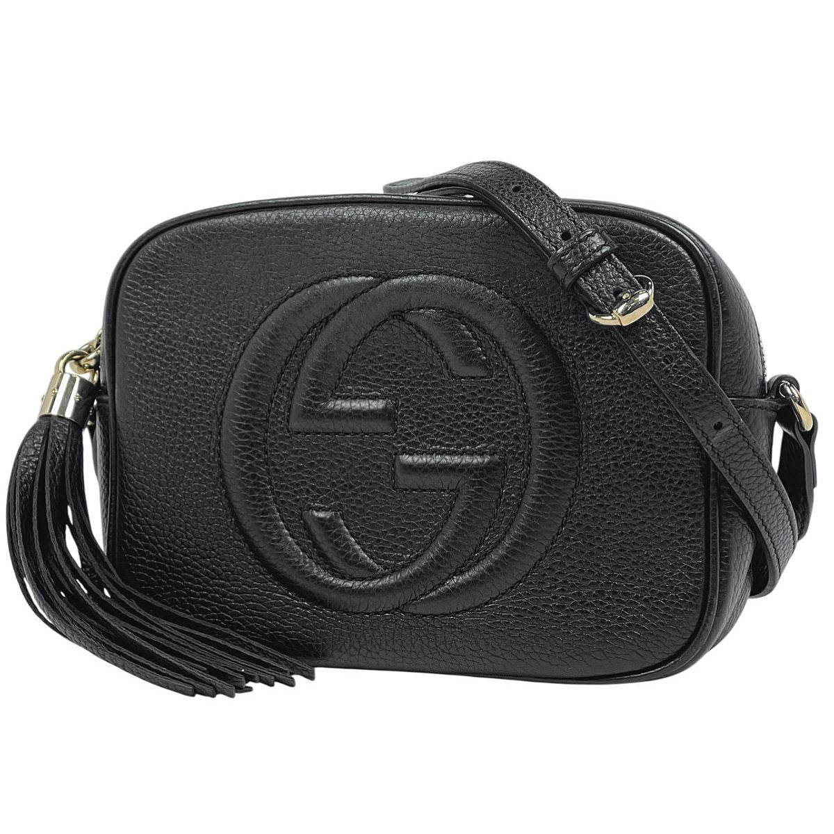 Gucci Soho Shoulder Bag Fringe Interlocking Leather Black