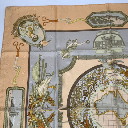 Hermes Carre 90 LE Geographe Geographer 100% Silk Beige