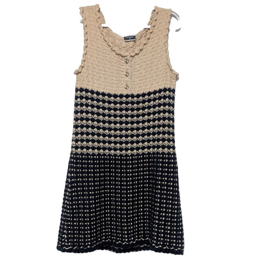 Chanel Knit Dress Beige Navy Coco Button Sleeveless