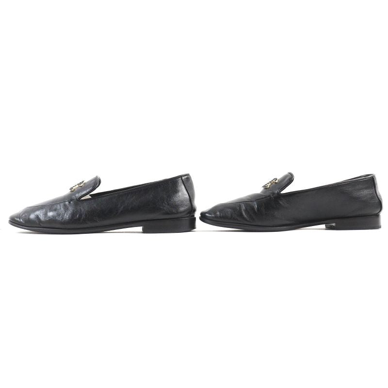 CHANEL 2023 23A G45008 Coco Mark Shiny Calfskin Leather Loafers Black 36