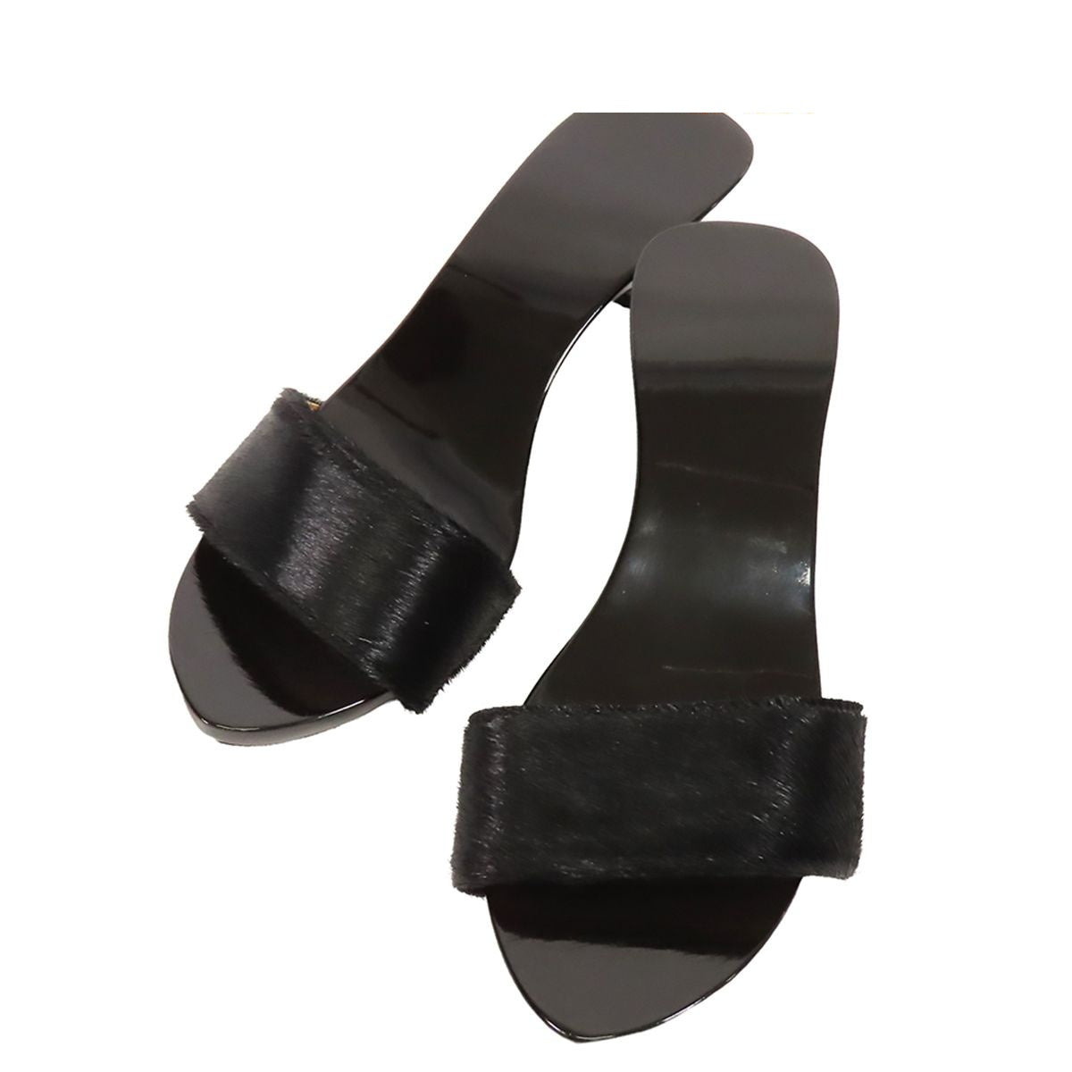 Hermes Mules Black Calf Hair Wood Lacquered Sandals Soled