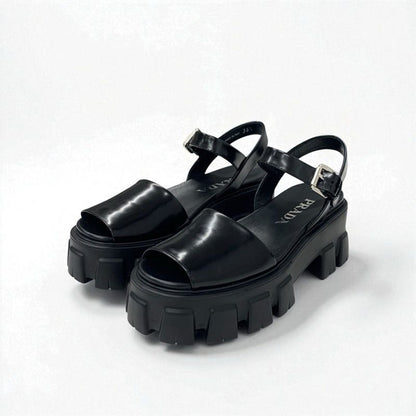 Prada Monolith Sandals Shoes Leather Black Logo Platform Strap