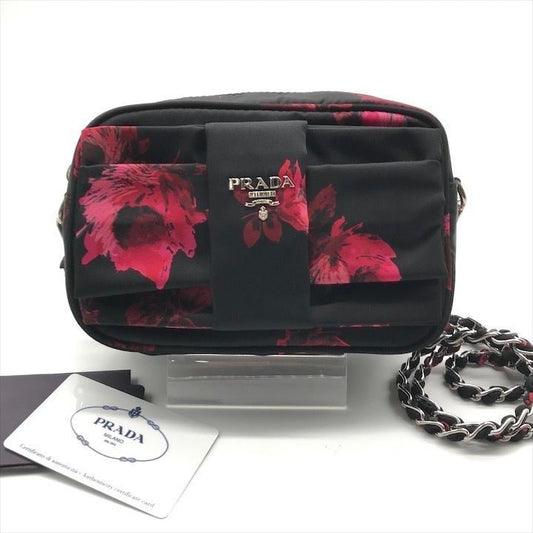 Prada Nylon Tessuto Logo Flower Floral Pattern Mini Chain Shoulder Pouch Black