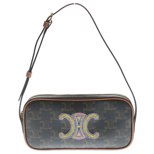 Celine Cuir Triomphe Logo Embroidery Leather Mini Camera Bag Brown