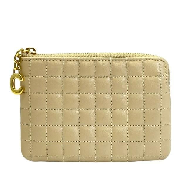 Celine CC Charm Coin Case Purse Mini Pouch Quilted Leather Beige