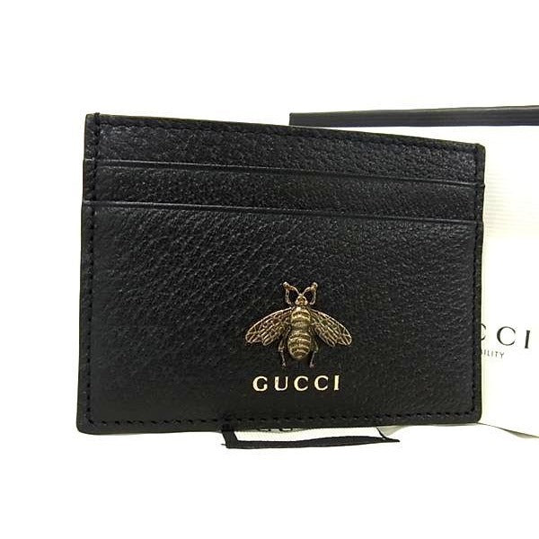 Gucci Leather Bee Card Case Holder Pass Regular Black Au7741